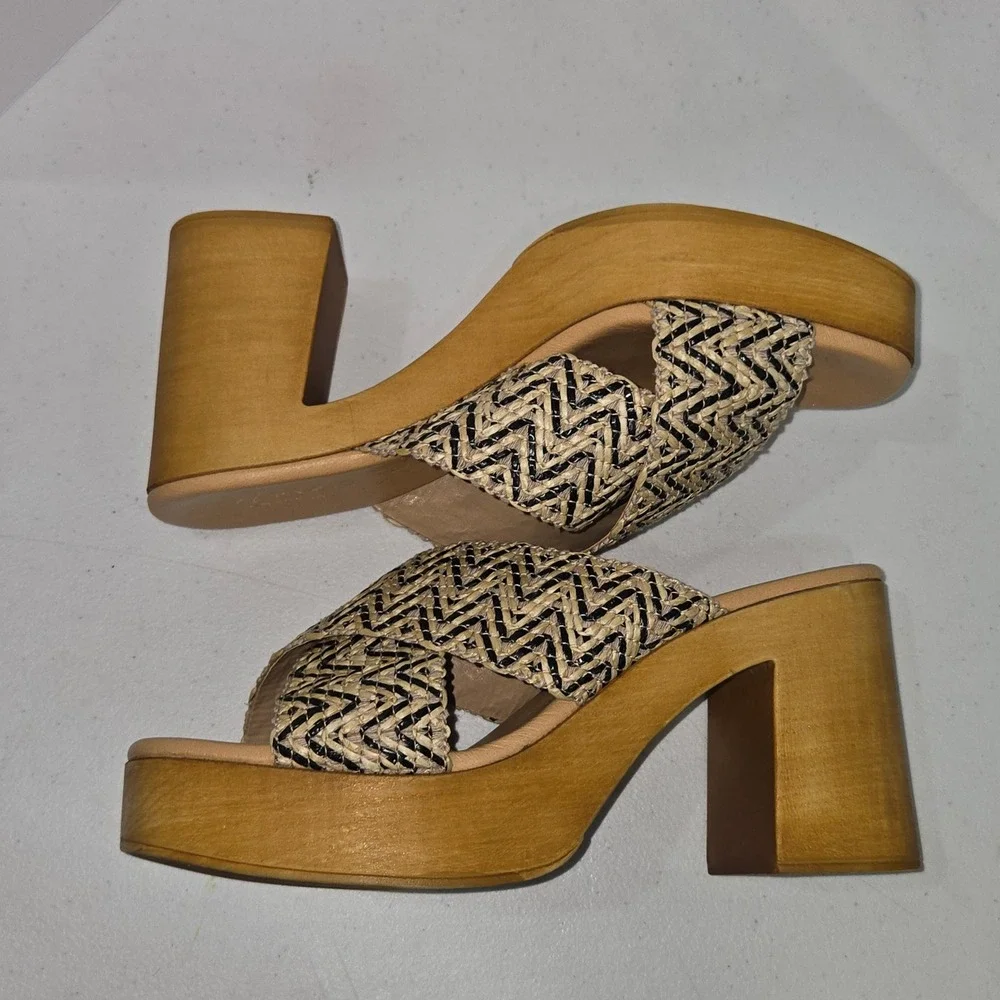 Avellini Italy Woven Raffia Platform Mules Wood Block Heel Sandals Tan Black 39